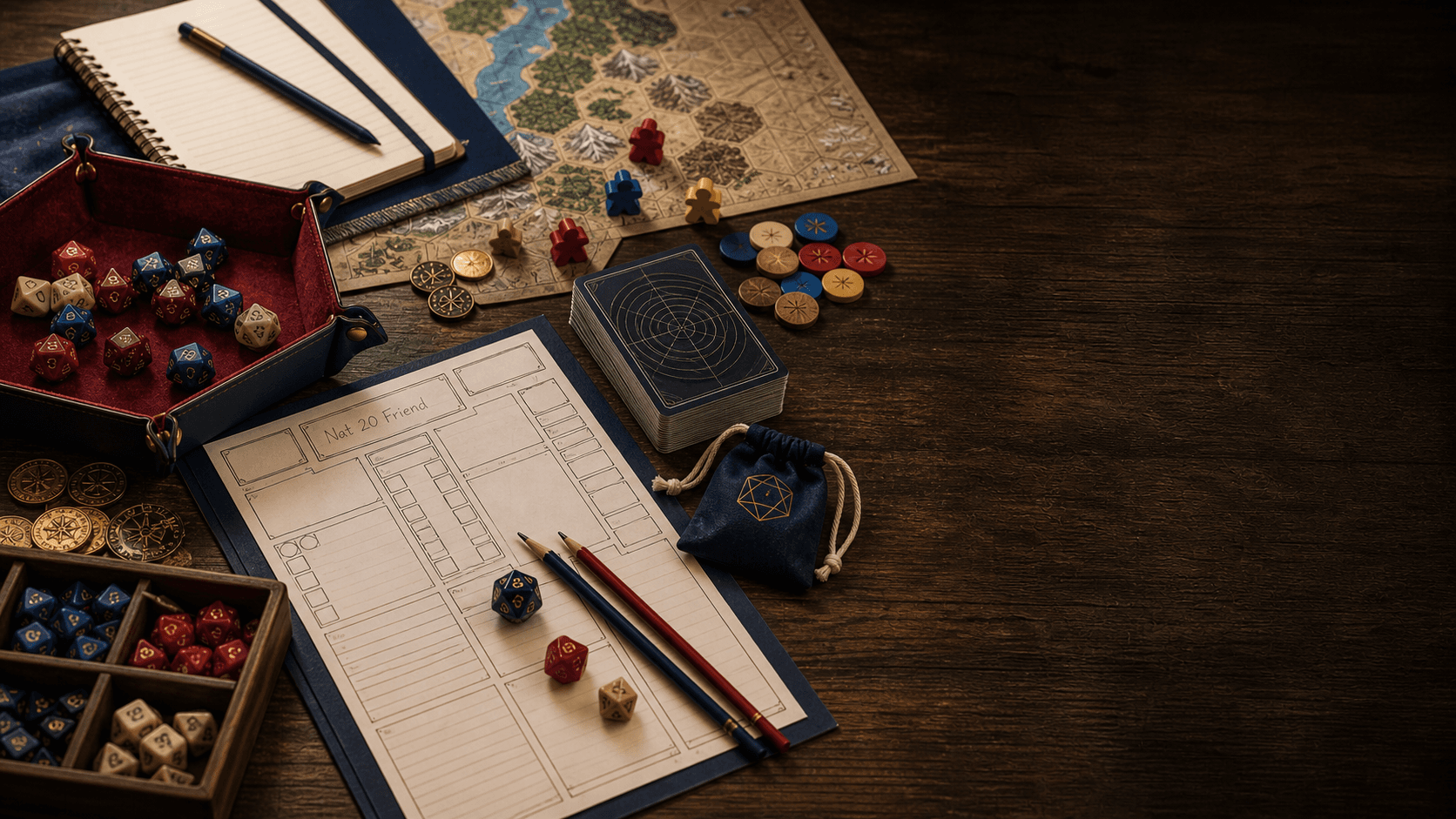 Tabletop game pieces, dice, cards, maps, and a character sheet labeled Nat 20 Friend on a dark game table